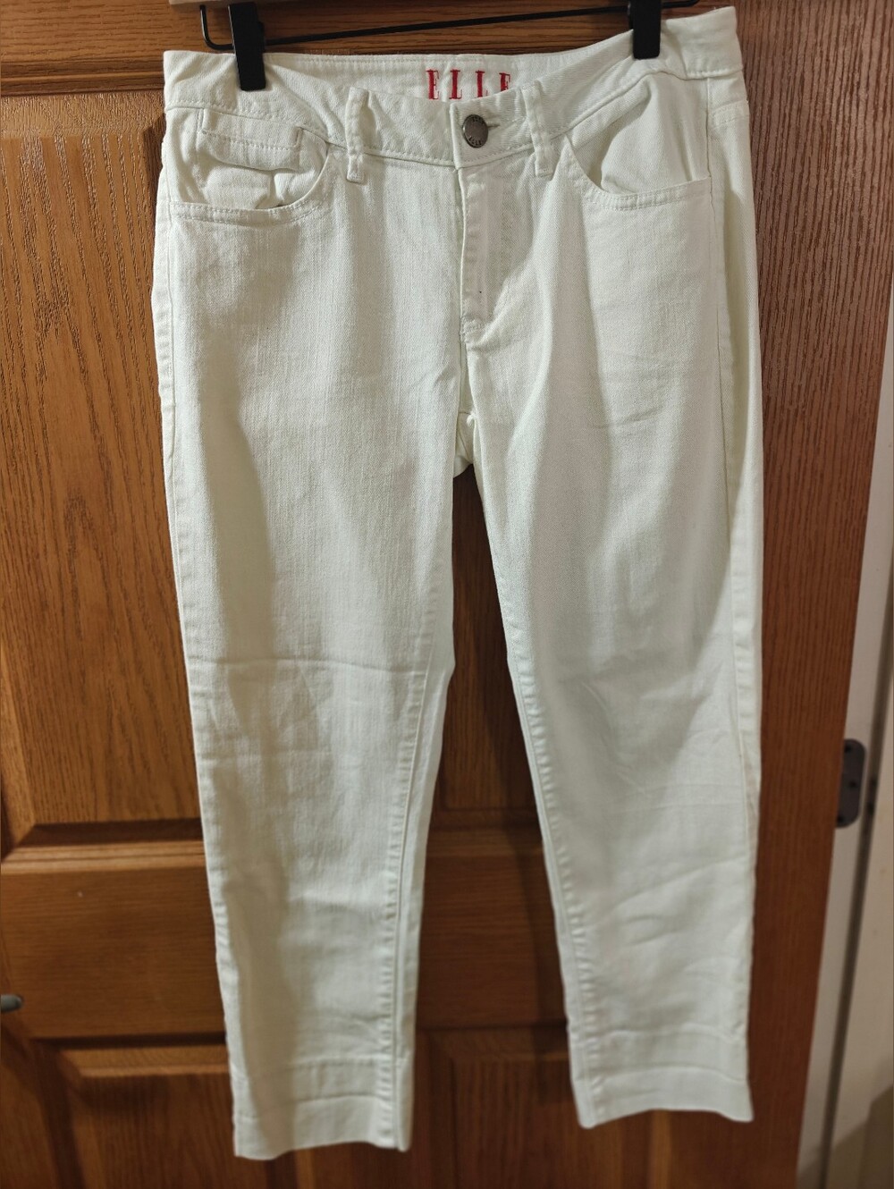 ELLE Women's White Skinny Slim Fit Stretch Denim Pants Pockets Mid Rise Size 2